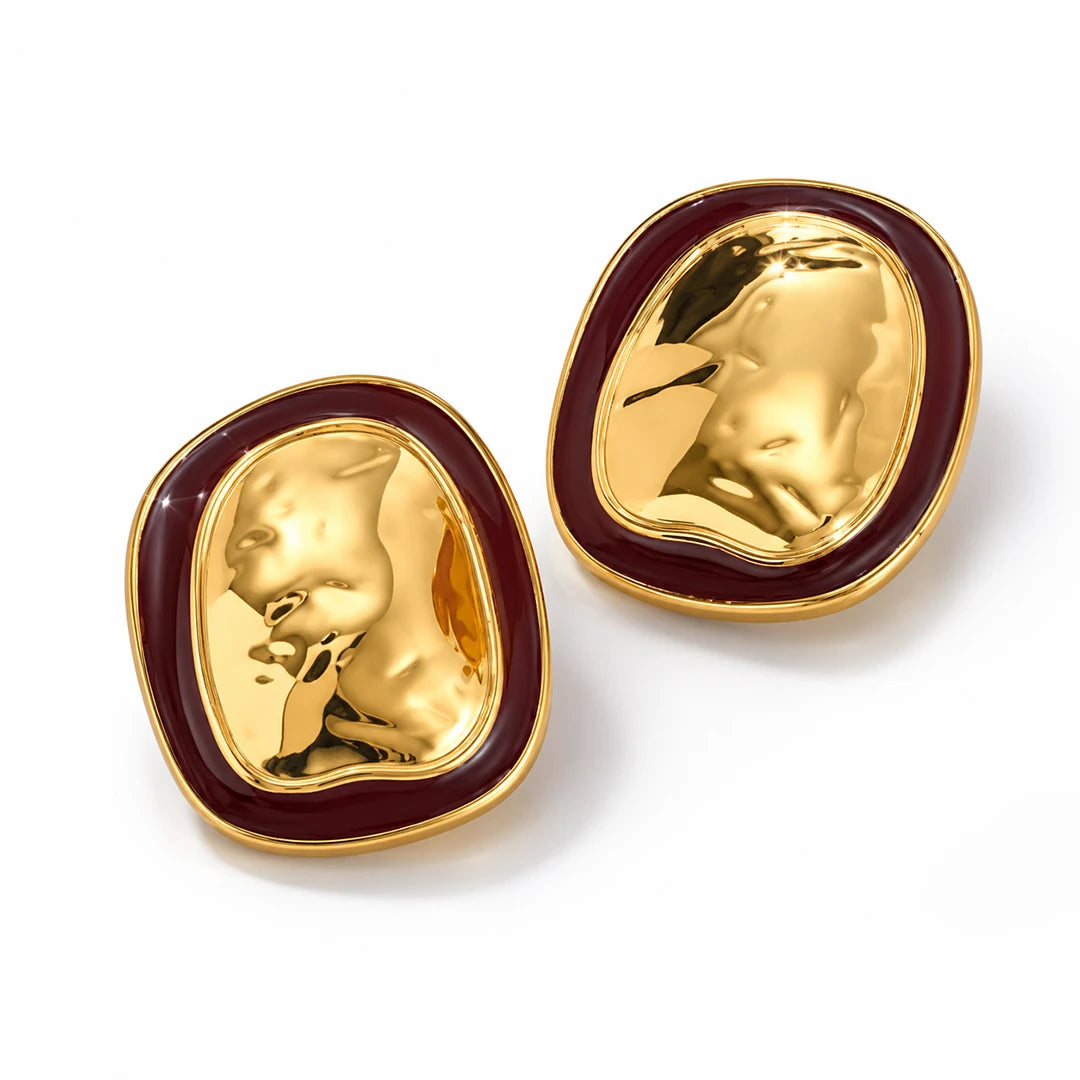 Chunky Oval Stud Earrings in Enamel Accent, gold