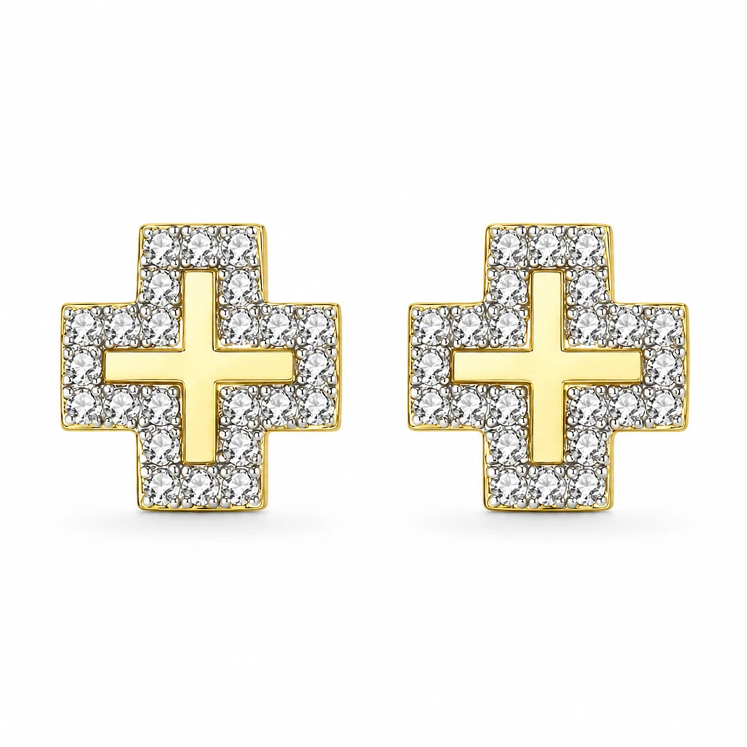 Zard Jewelry Cross Stud Earrings in Clear Cubic Zirconia Halo Accent
