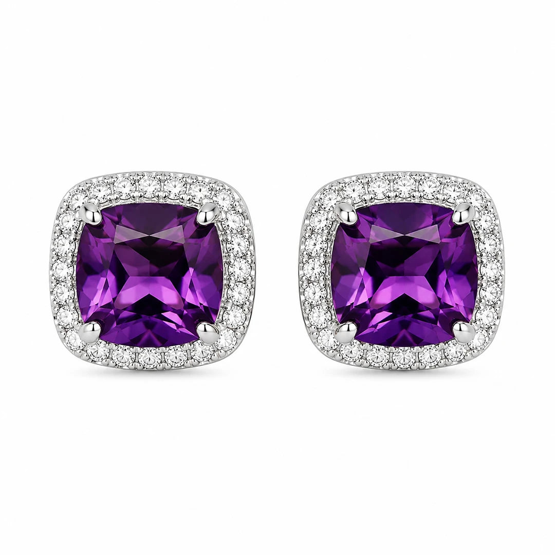 Zard Jewelry Cushion-Cut Amethyst Halo Stud Earrings