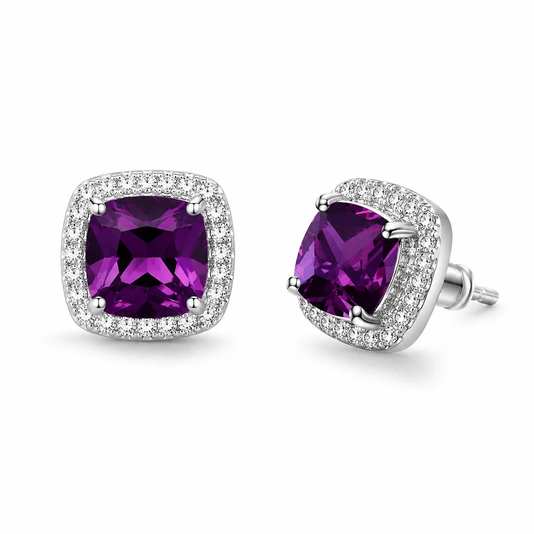 Cushion-Cut Amethyst Halo Stud Earrings, close-up detail view