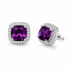 Cushion-Cut Amethyst Halo Stud Earrings, close-up detail view