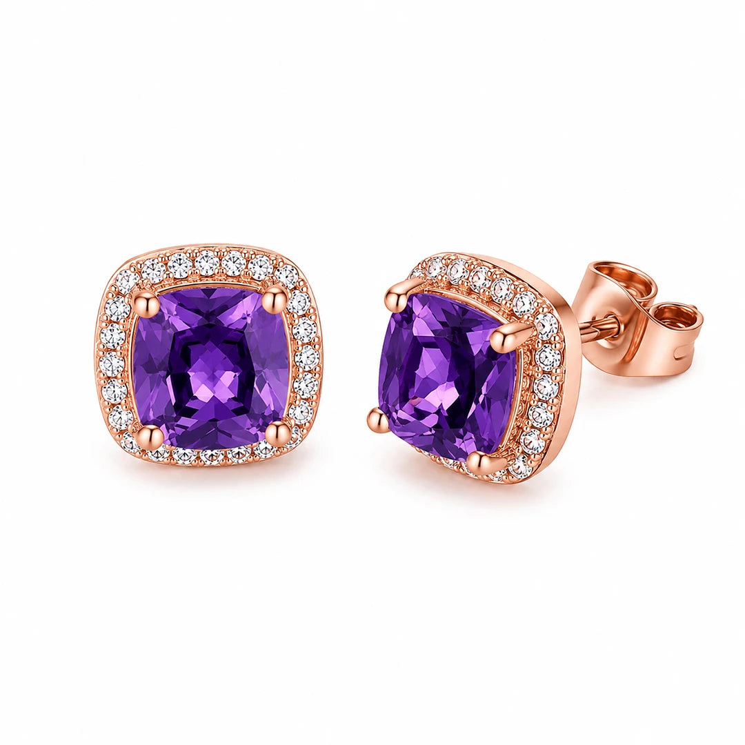 Zard Jewelry Cushion-Cut Amethyst Halo Stud Earrings in Rose Gold