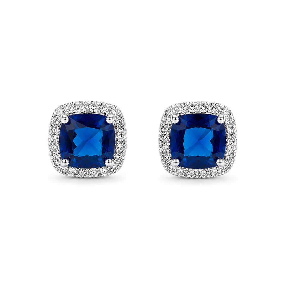 Zard Jewelry Cushion-Cut Blue CZ Halo Stud Earrings