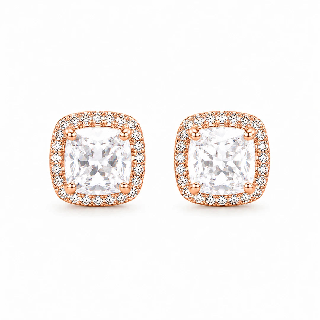 Zard Jewelry Cushion-Cut Clear Cubic Zirconia Halo Stud Earrings Rose-Gold Tone