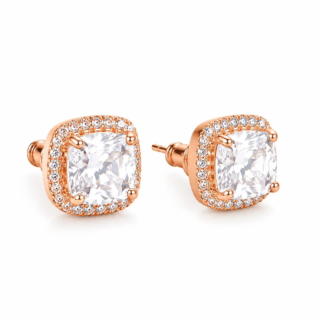 Cushion-Cut Clear Cubic Zirconia Halo Stud Earrings Rose-Gold Tone, close-up detail view