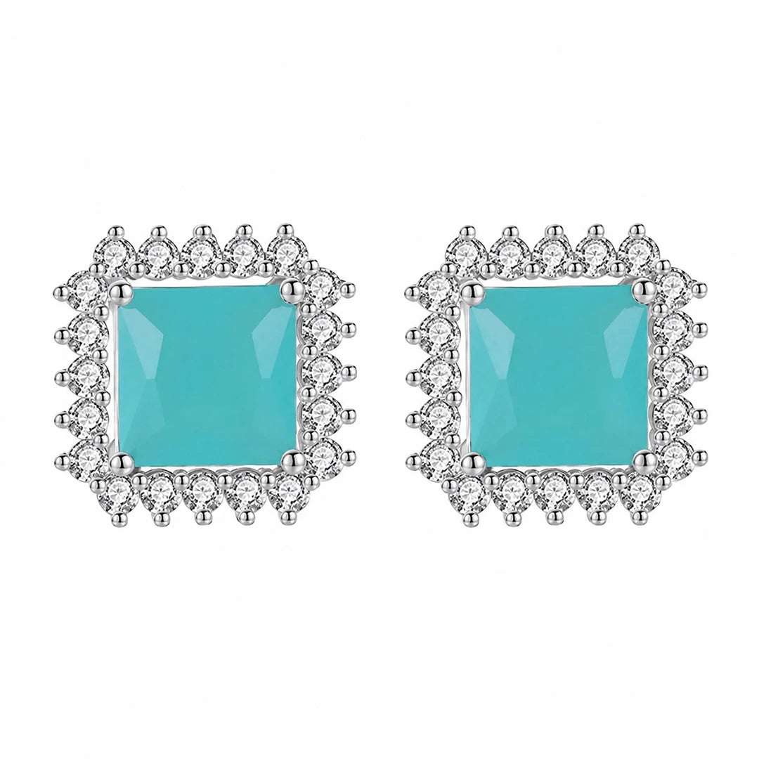 Zard Jewelry Cushion-Cut Turquoise and CZ Halo Stud Earrings