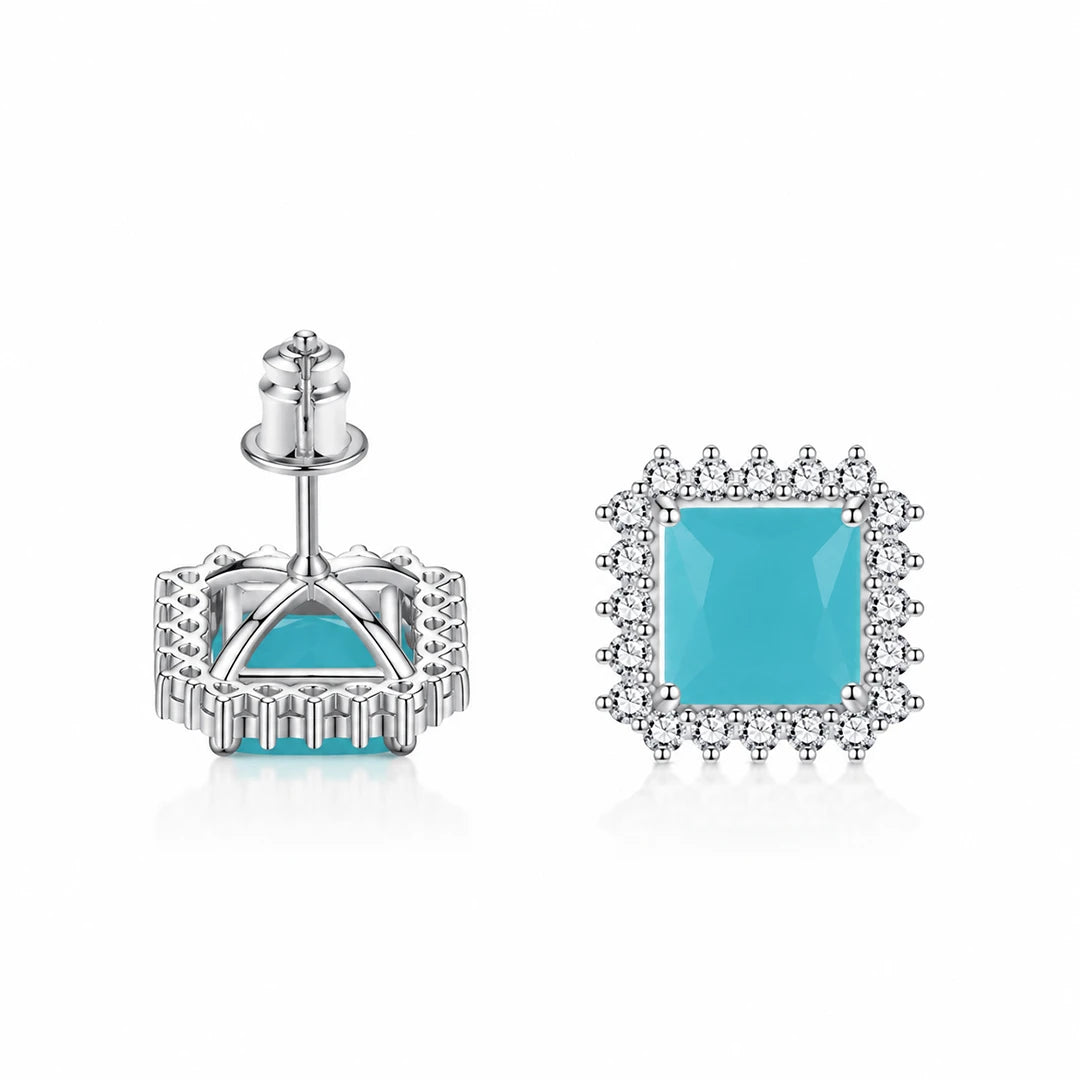 Cushion-Cut Turquoise and CZ Halo Stud Earrings, close-up detail view