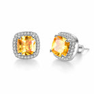 Cushion-Cut Yellow Cubic Zirconia Halo Stud Earrings in Rose-Gold Tone, close-up detail view