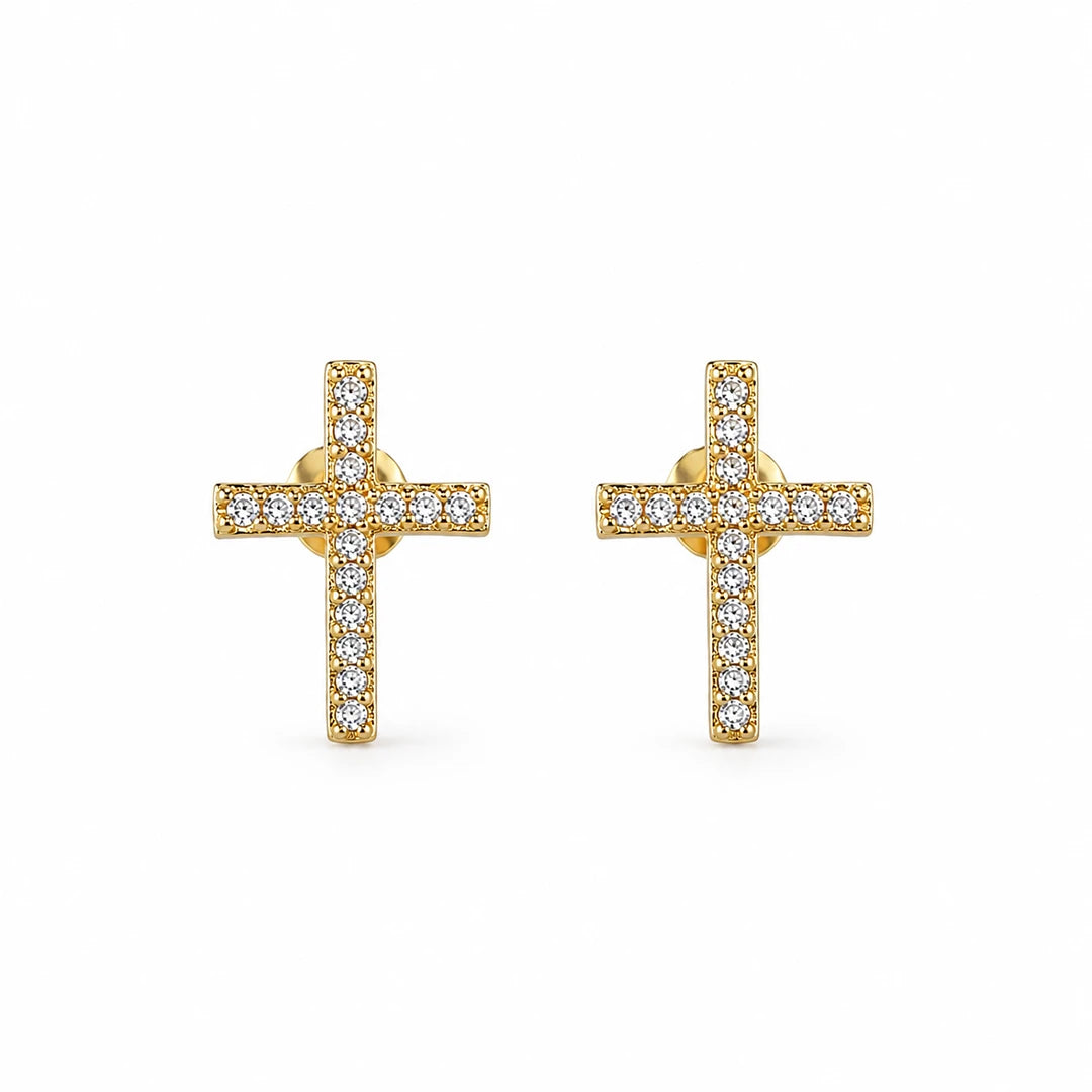 Zard Jewelry CZ Cross Stud Earrings in Silver and Gold, gold