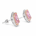 Emerald-Cut Pink Cubic Zirconia Halo Stud Earrings, close-up detail view