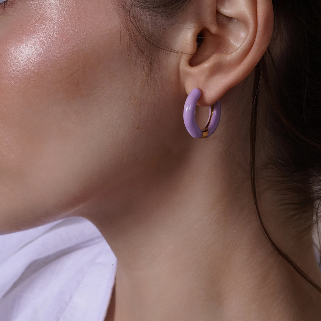 Model wearing Enamel Hoop Earrings, styled look