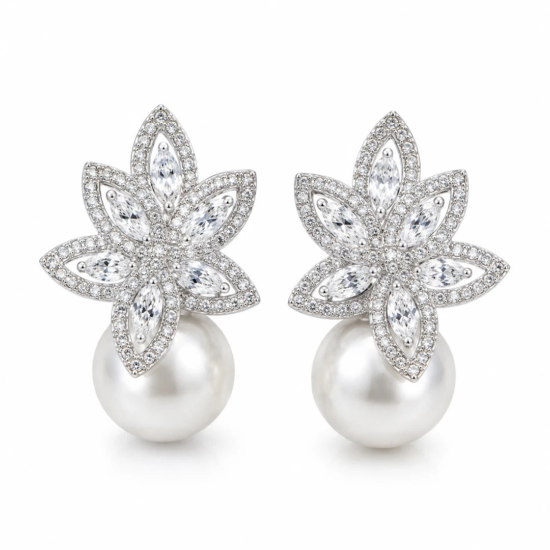 Flower Petals Cubic Zirconia and Pearl Earrings