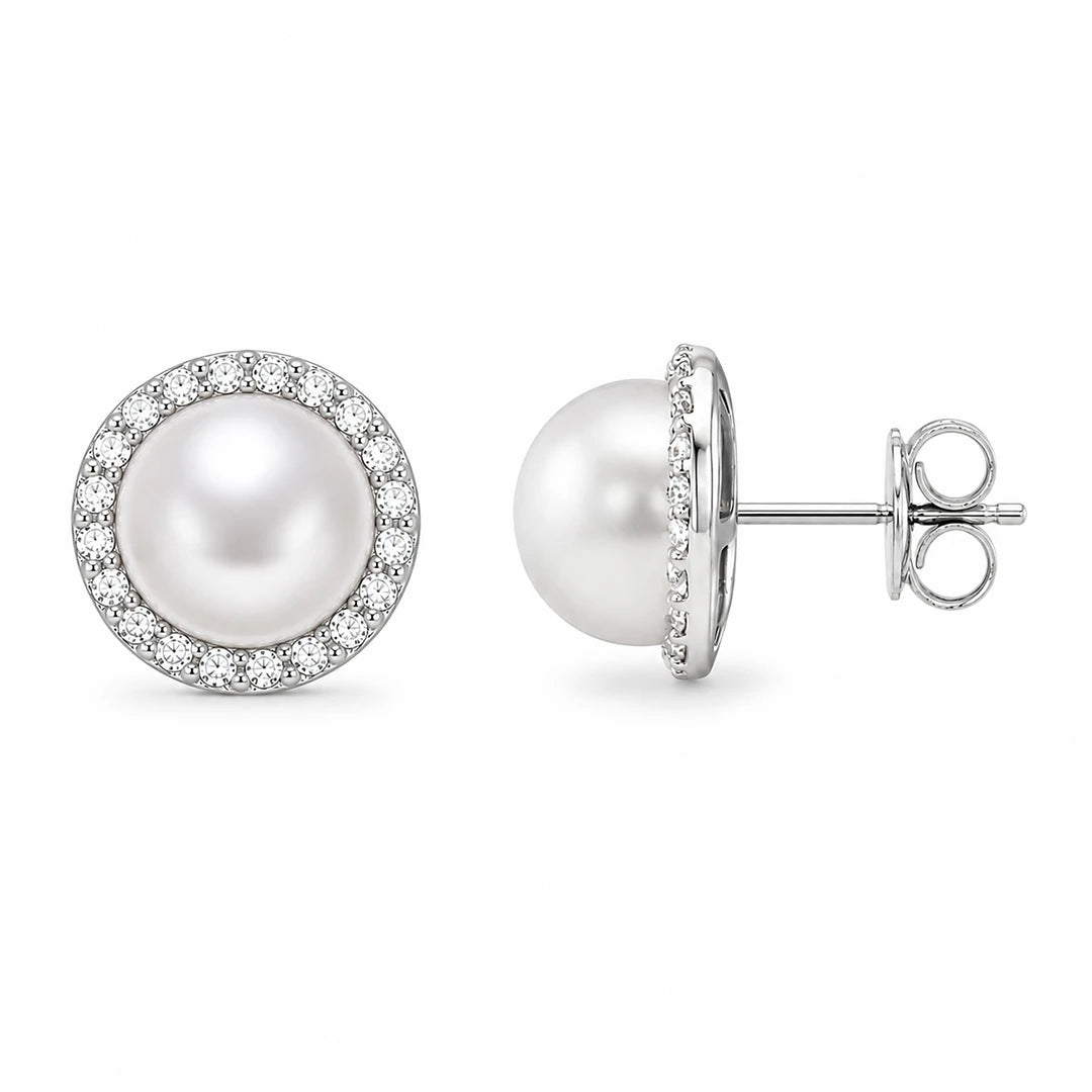Zard Jewelry Freshwater Pearl Stud Earrings in Cubic Zirconia Accent
