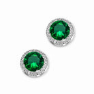 Green Round-Cut Cubic Zirconia Halo Stud Earrings, close-up detail view