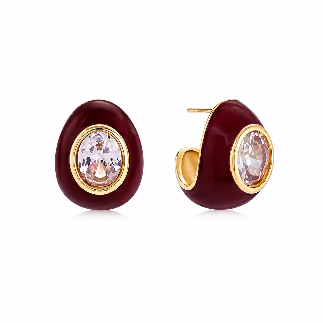 Zard Jewelry Half Hoop Earrings in Burgundy Enamel and Cubic Zirconia Accent