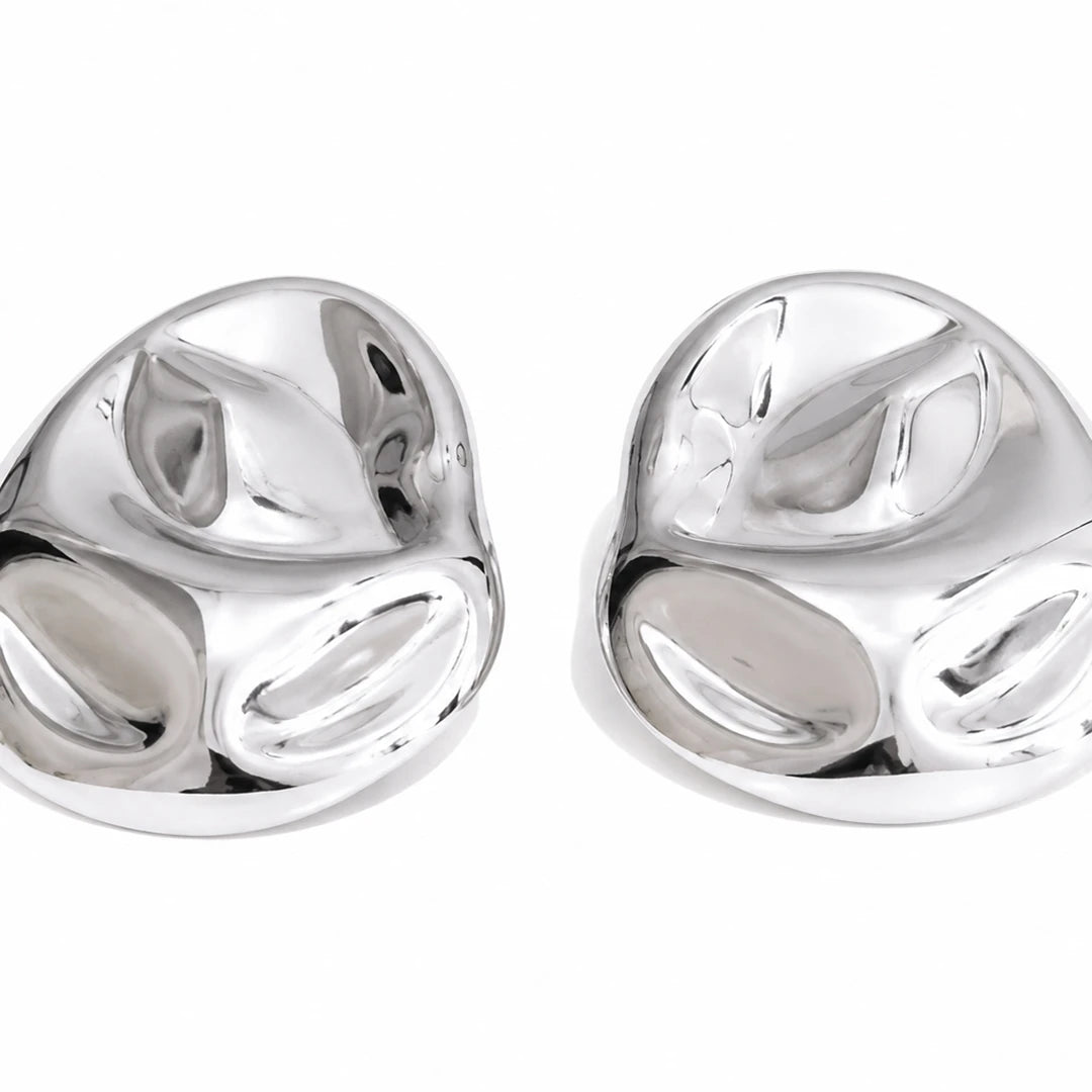 Hammered Statement Chunky Earrings In Gold and Silver, silver, close-up detail view