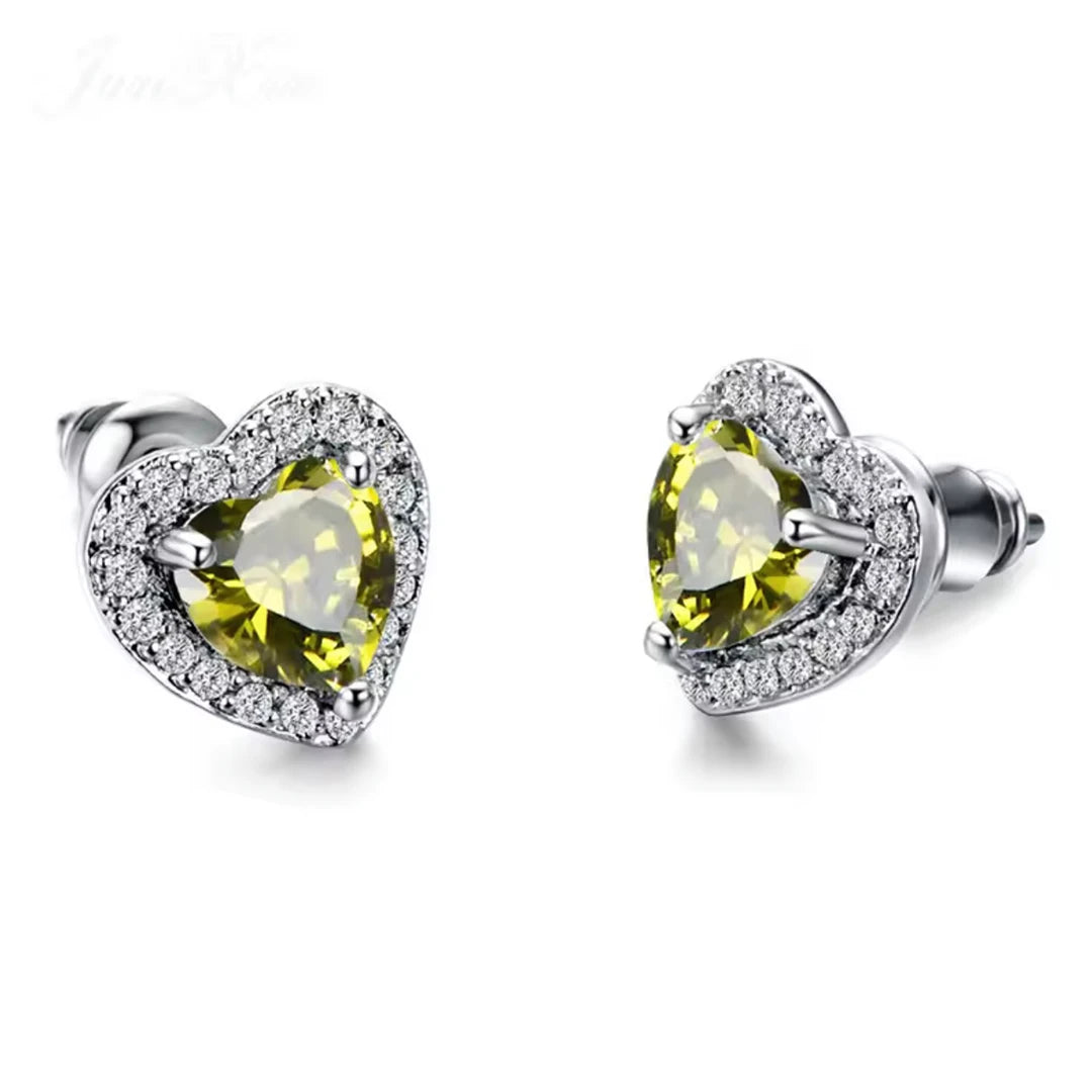Zard Jewelry Heart Stud Earrings in CZ, olive green
