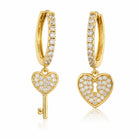 Zard Jewelry Huggie Hoop Earrings with Heart Lock Key Charms in Gold an Silver, gold