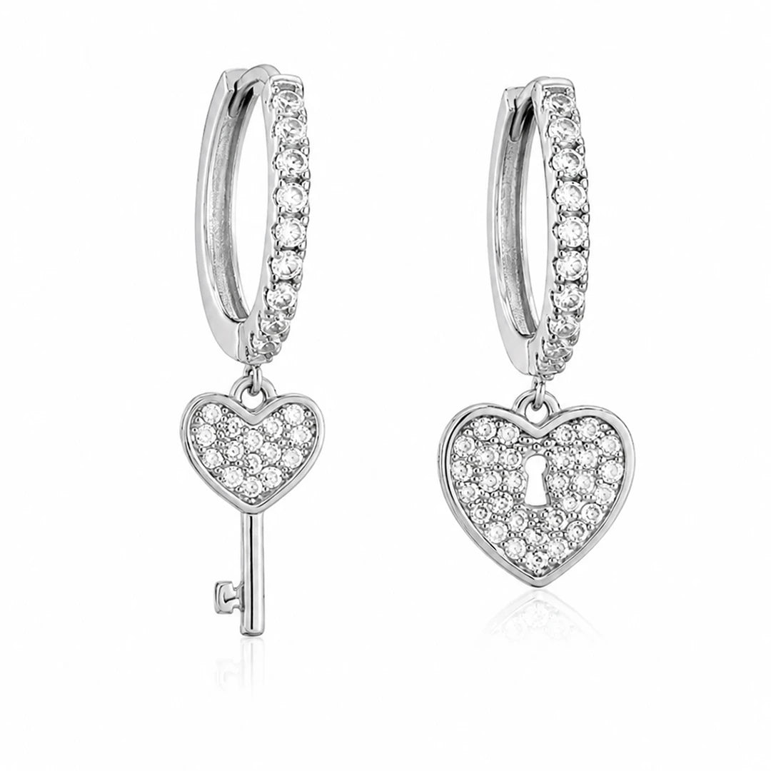 Huggie Hoop Earrings with Heart Lock Key Charms in Gold an Silver, silver