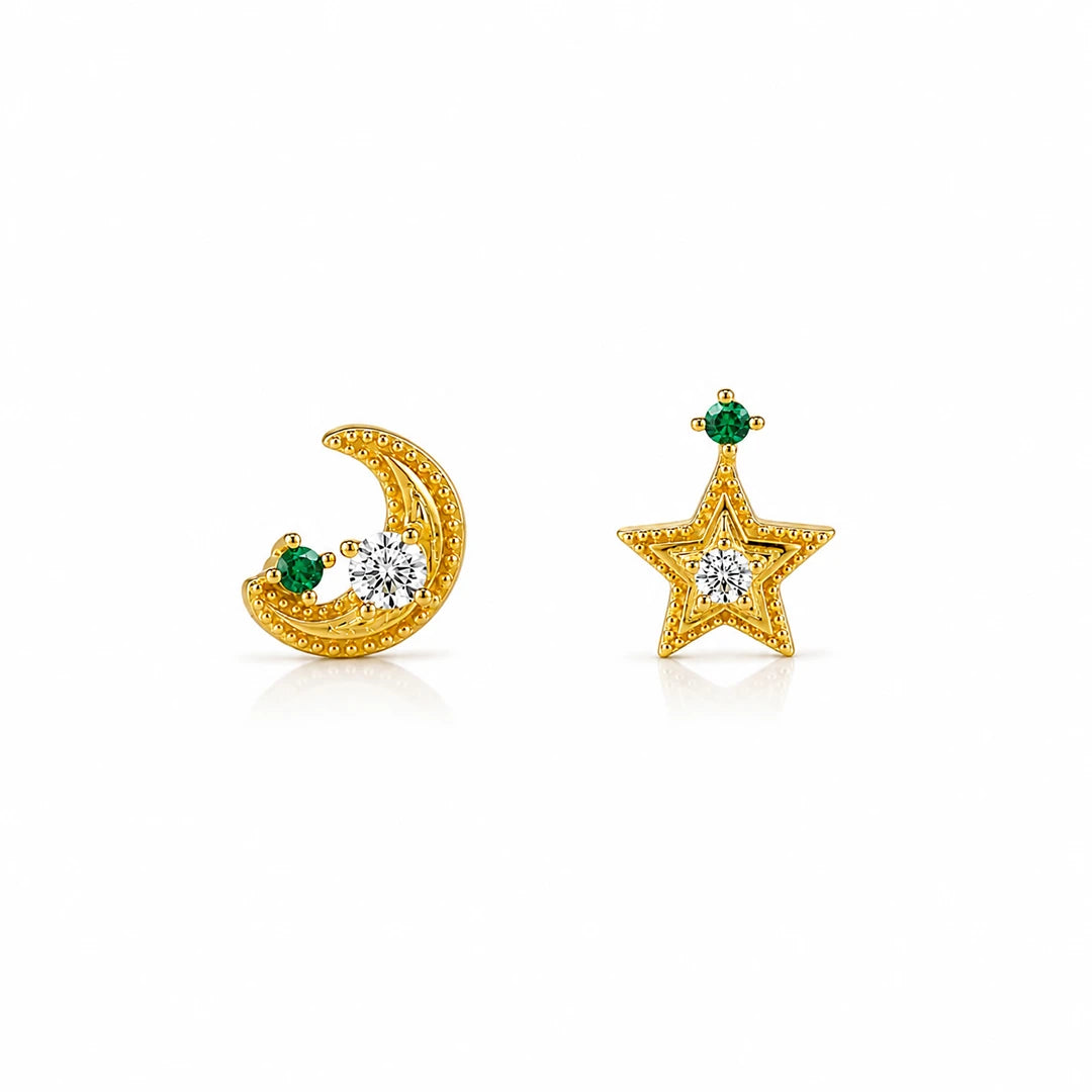 Zard Jewelry Moon Star Asymmetrical Stud Earrings In CZ Accent