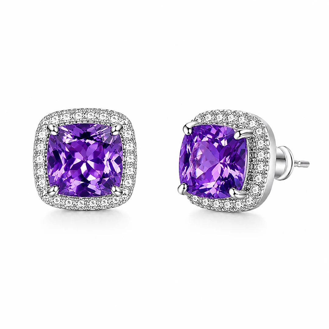 Zard Jewelry Purple CZ Cushion-Cut Halo Stud Earrings
