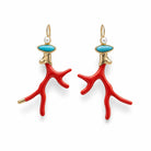 Zard Jewelry Red Coral Enamel Drop Earrings in Pearl and Turquoise Stone Accent