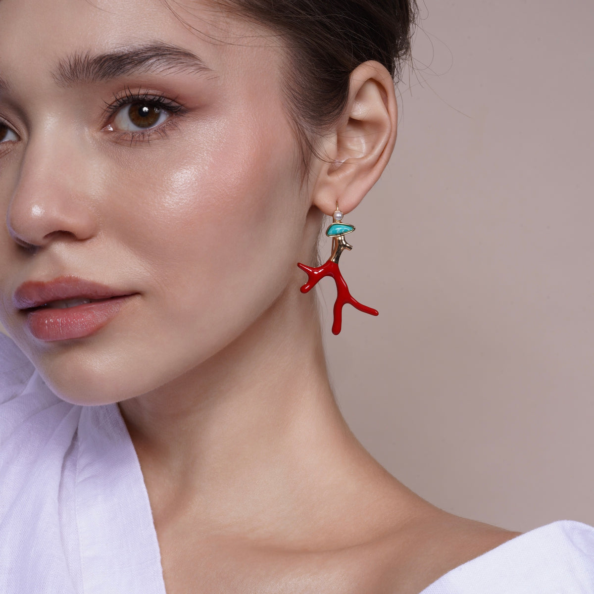 Model wearing Red Enamel Coral Branch Statement Drop Earrings with Turquoise Accent