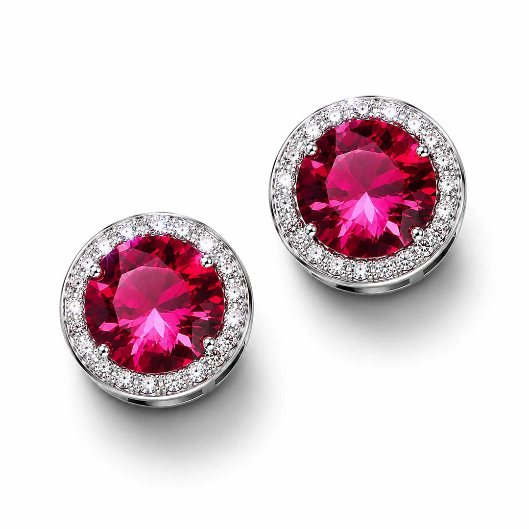 Zard Jewelry Red CZ Round-Cut Halo Stud Earrings