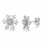 Snowflake Stud Earrings in 925 Sterling Silver with Cubic Zirconia, pair on white background