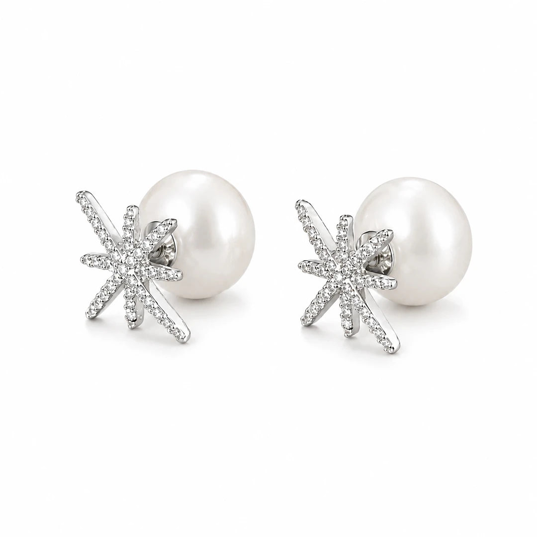 Zard Jewelry Starburst White Pearl Front Back Two-Sided Stud Earrings