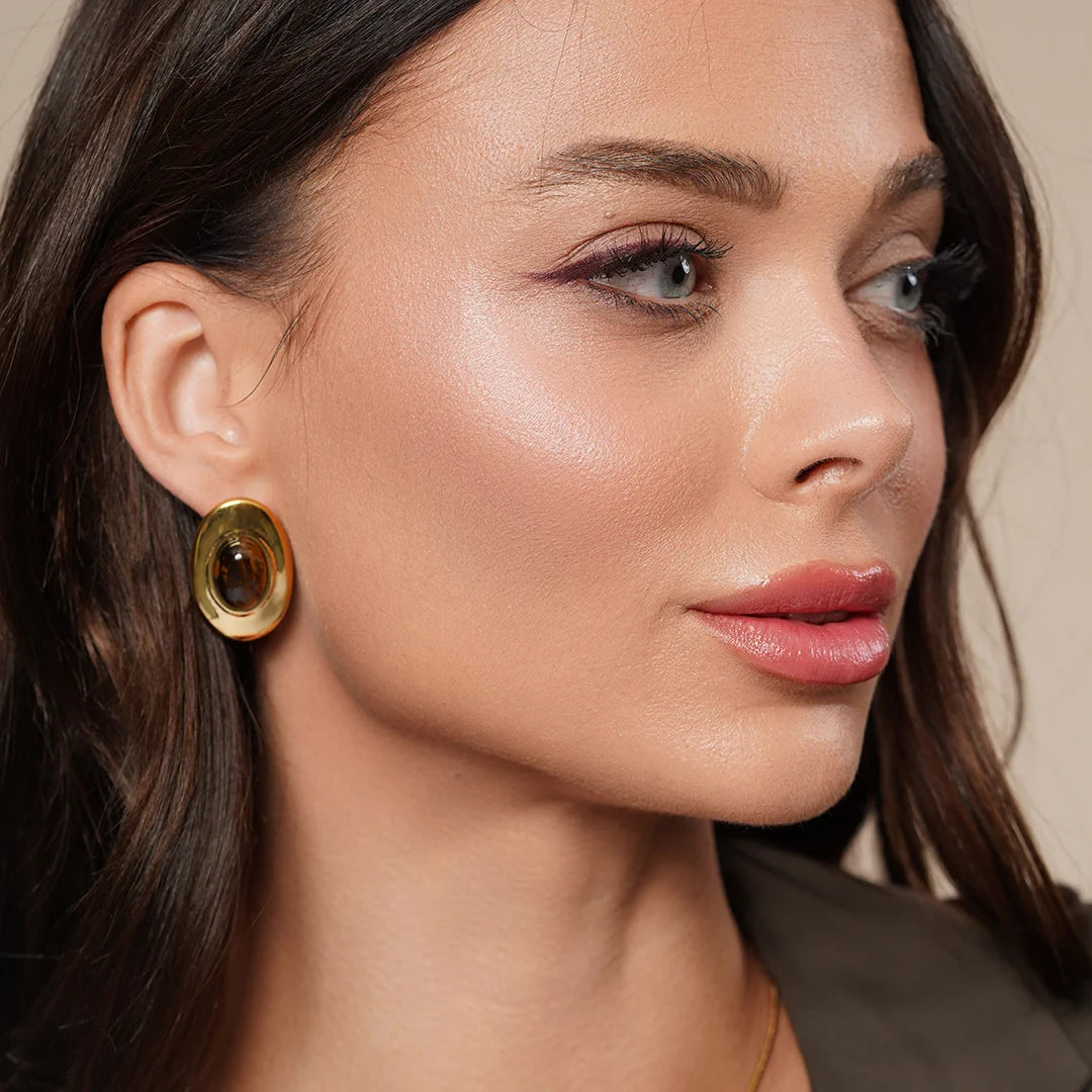 Model wearing Tiger Eye Crystal Chunky Stud Earrings in Gold, second styled look