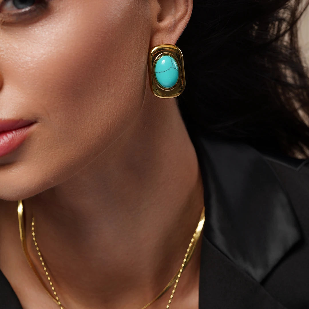 Model wearing Turquoise Crystal Gem Chunky Stud Earrings in 18k Gold, alternate pose
