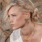 Model wearing Zard Jewelry Turquoise Fan Earrings in 18K Gold