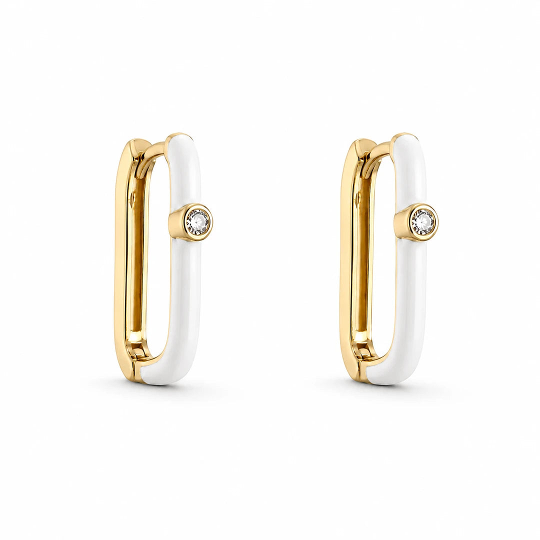 Zard Jewelry White Enamel Oval Huggie Hoop Earrings with CZ Accent