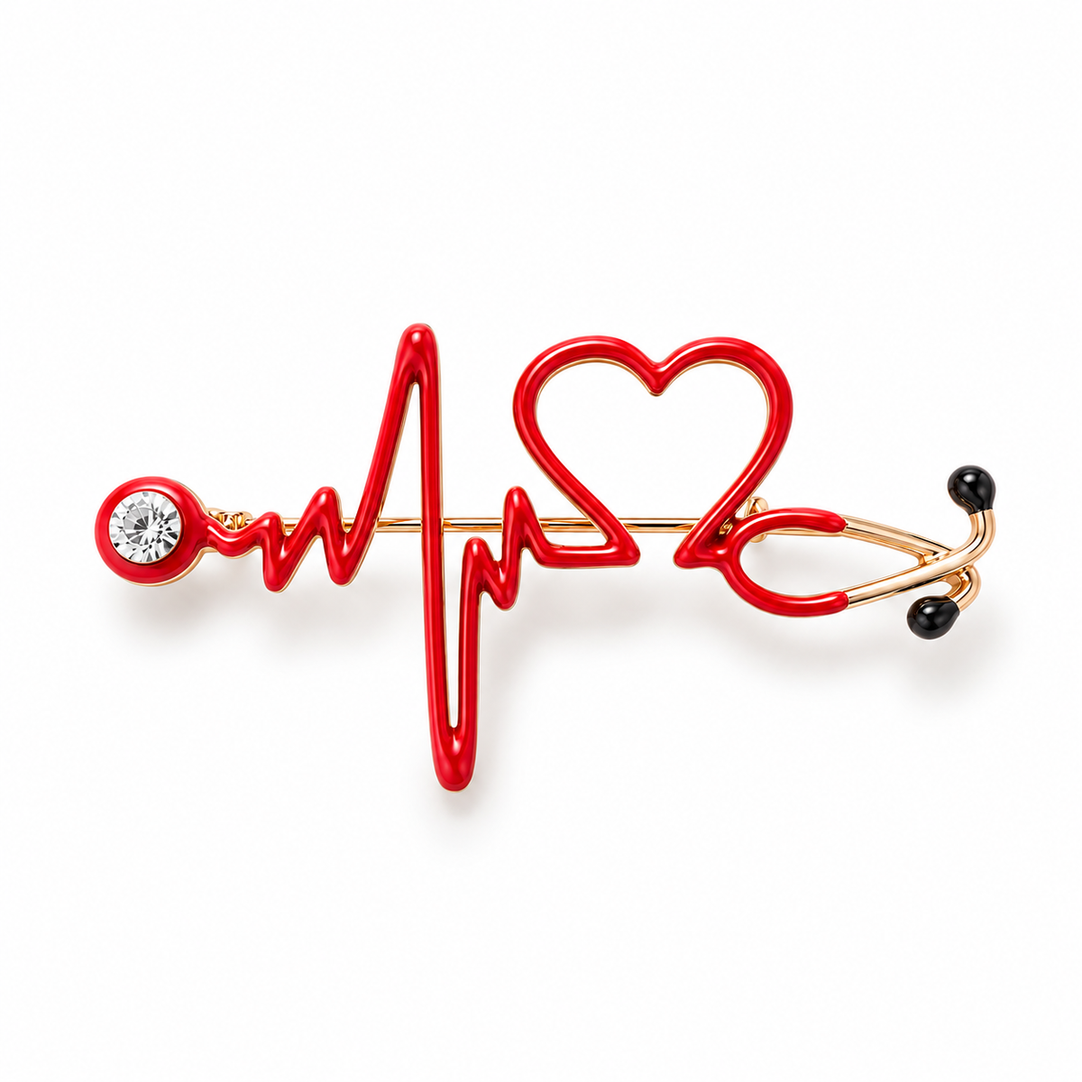 ZARD Jewelry heartbeat stethoscope heart brooch in red enamel on gold plate with rhinestones, front view