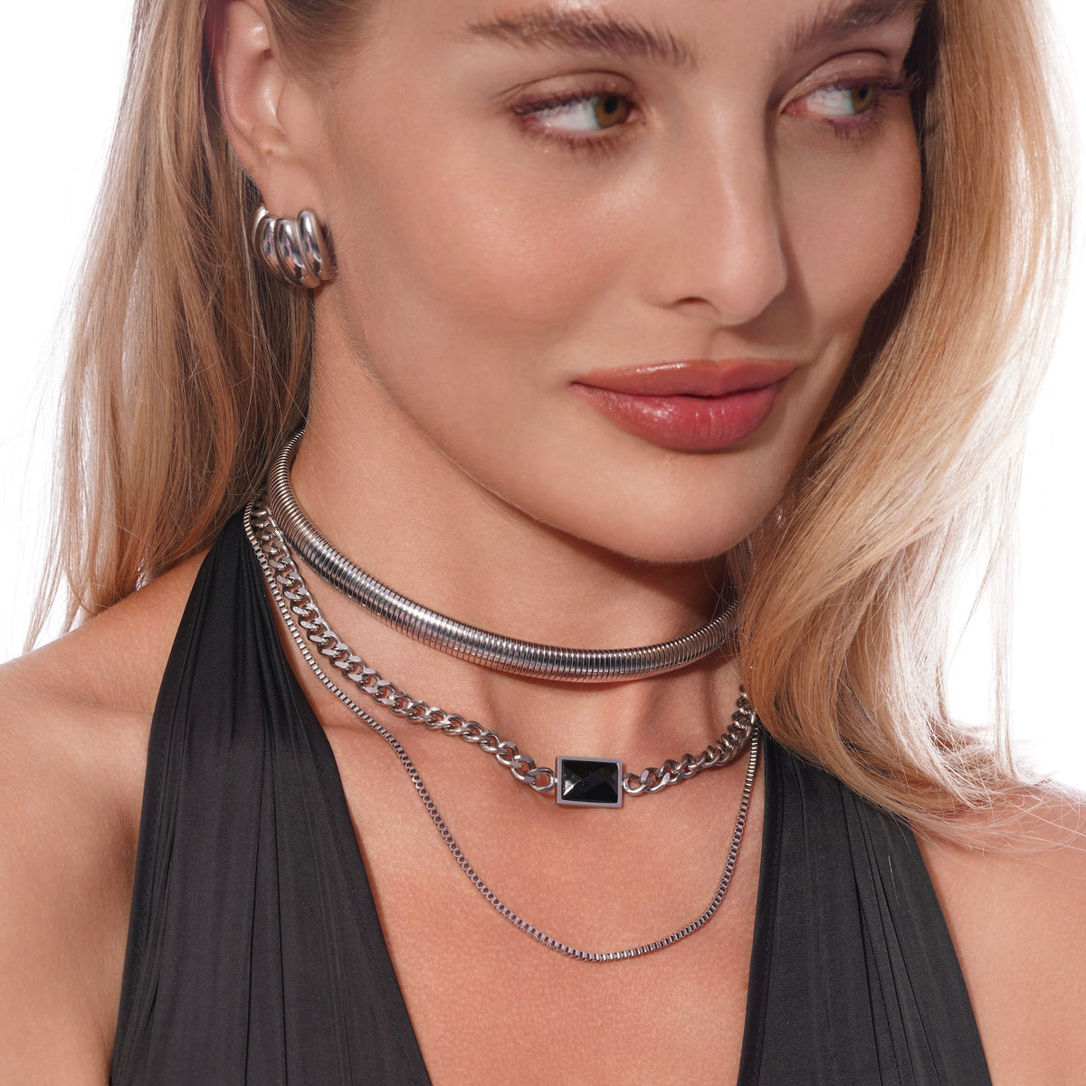 Model wearing Cuban Chain Double Necklace in Black Charm Accent layered as a choker