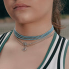 Model wearing Emerald-Cut Halo CZ Tennis Choker Necklace around her neck