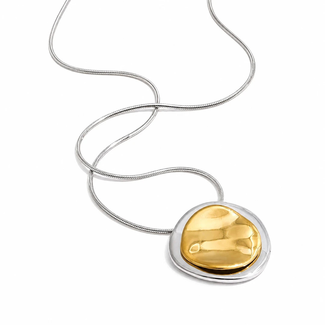 Gold Silver Round Statement Pendant Necklace, close-up detail view