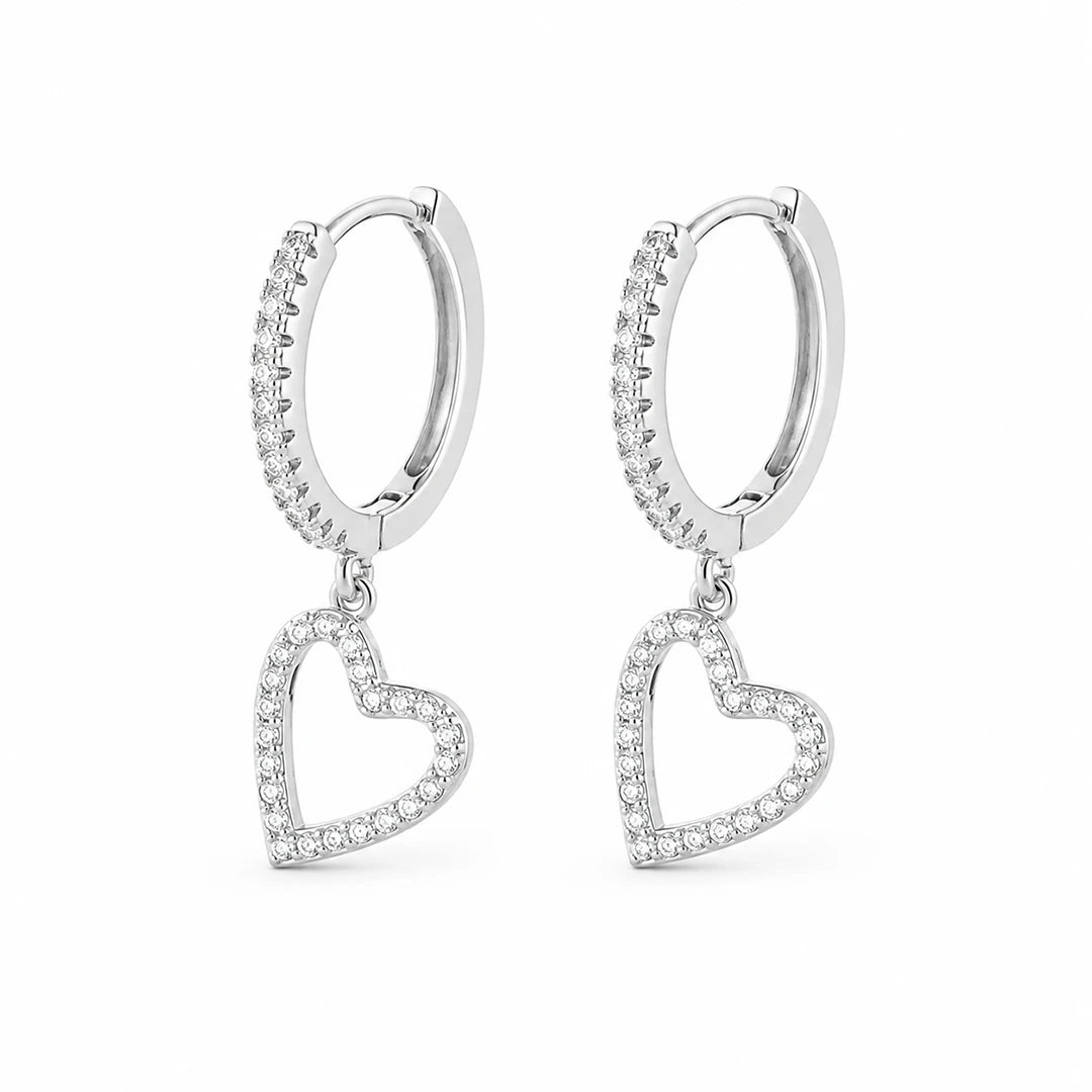 Heart Charm Hoop Earrings in CZ Accent, silver
