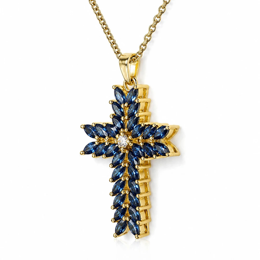 Large Cross Pendant Necklace in Blue CZ Accent, alternate angle