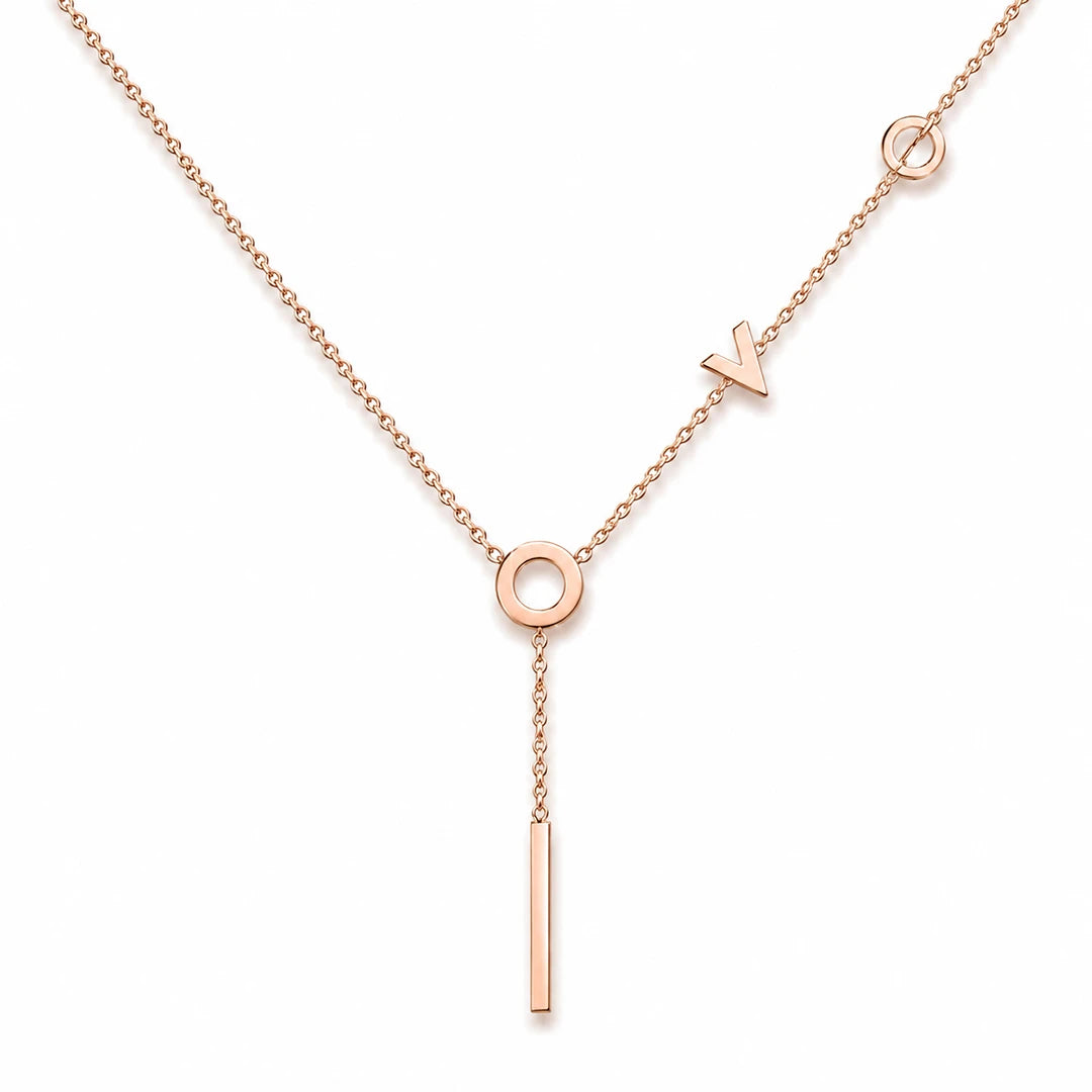 Zard Jewelry LOVE Letters Lariat Necklace In Silver and Rose Gold, rose gold