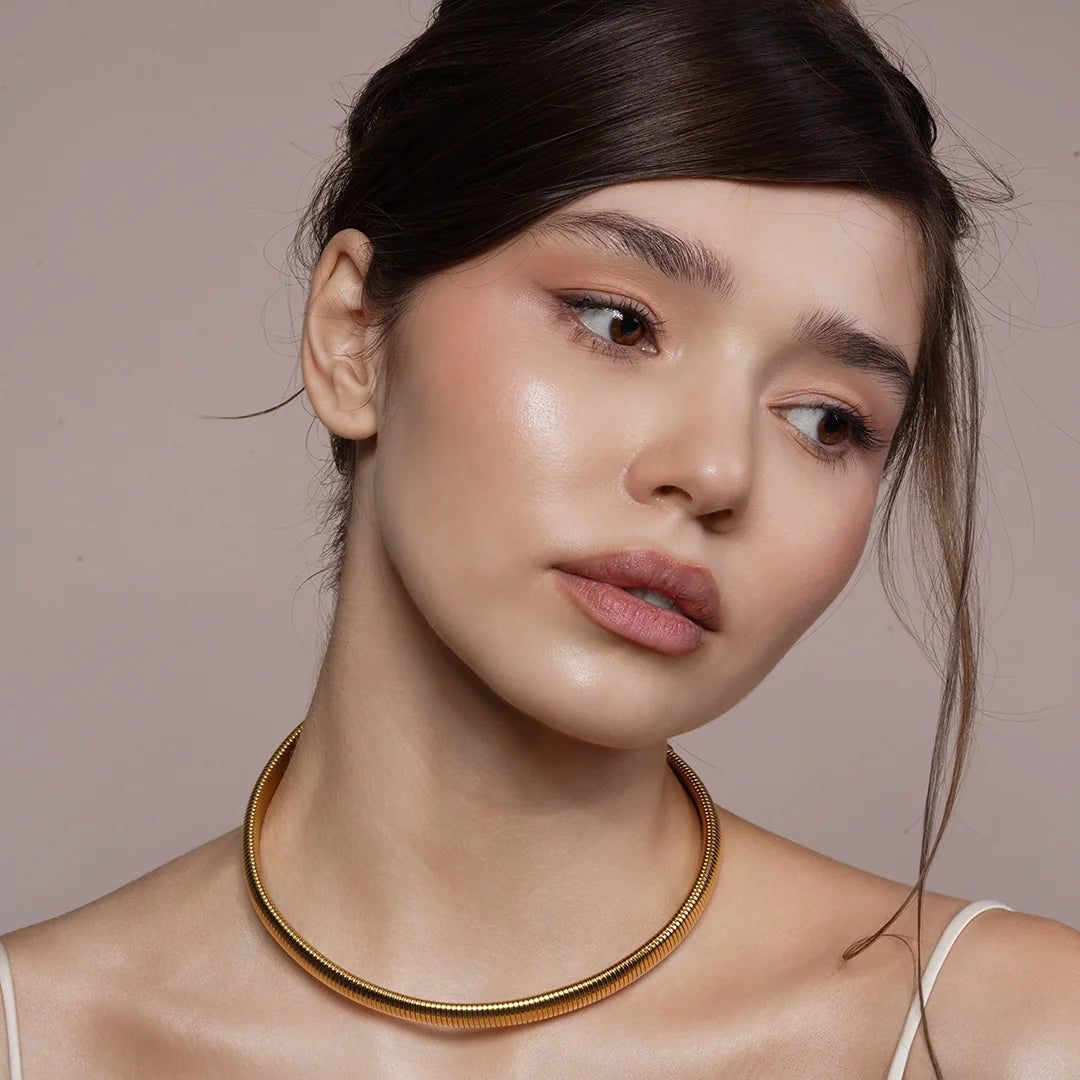 Model wearing Zard Jewelry Omega Chain Chunky Choker Necklace in Gold and Silver around her neck