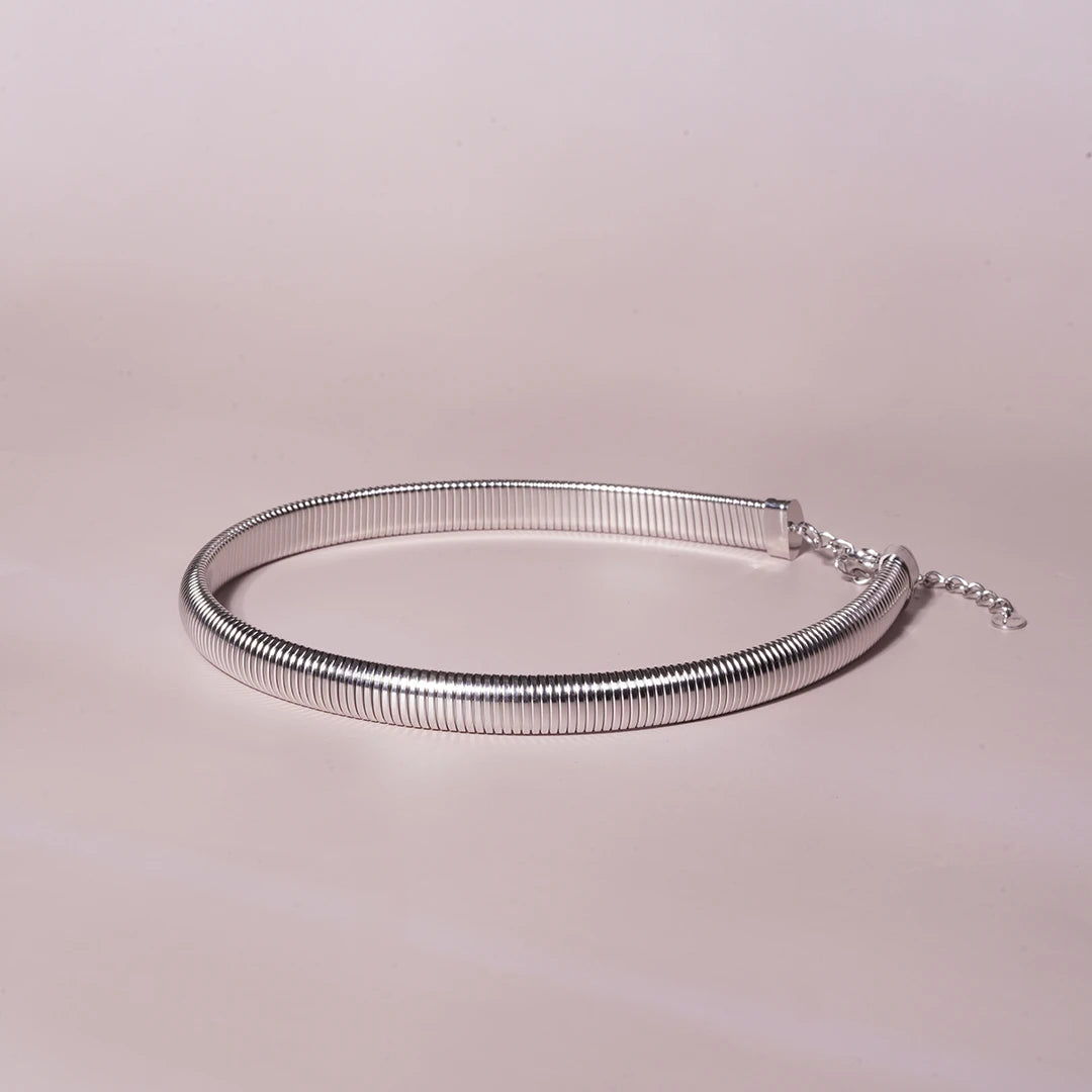 Omega Chain Chunky Choker Necklace in Gold and Silver, silver styled on a soft-toned background