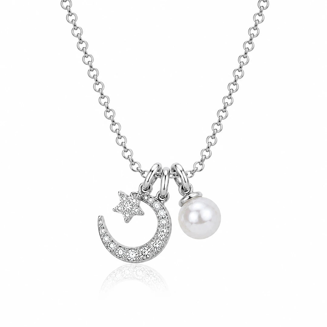 Zard Jewelry Pearl Moon Star Charm Necklace in 925 Sterling Silver