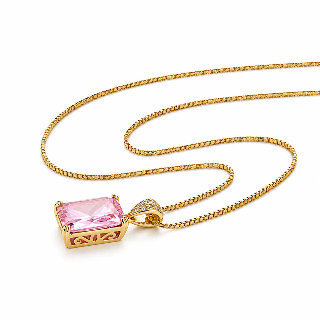 Pink Cubic Zirconia Solitaire Pendant Necklace, close-up detail view