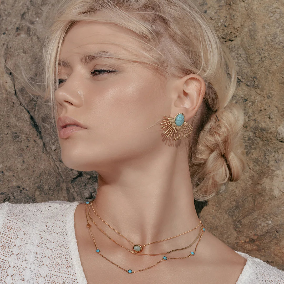 Model wearing Snake Chain Necklace in 14K Gold Plated 2mm around her neck, alternate pose