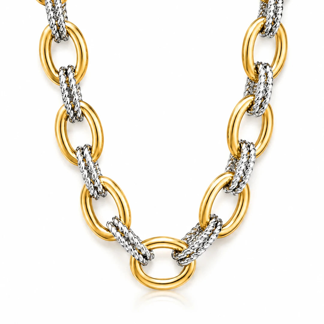 Statement Link Chain Necklace In 18K Gold Sterling Silver Combination, close-up detail view