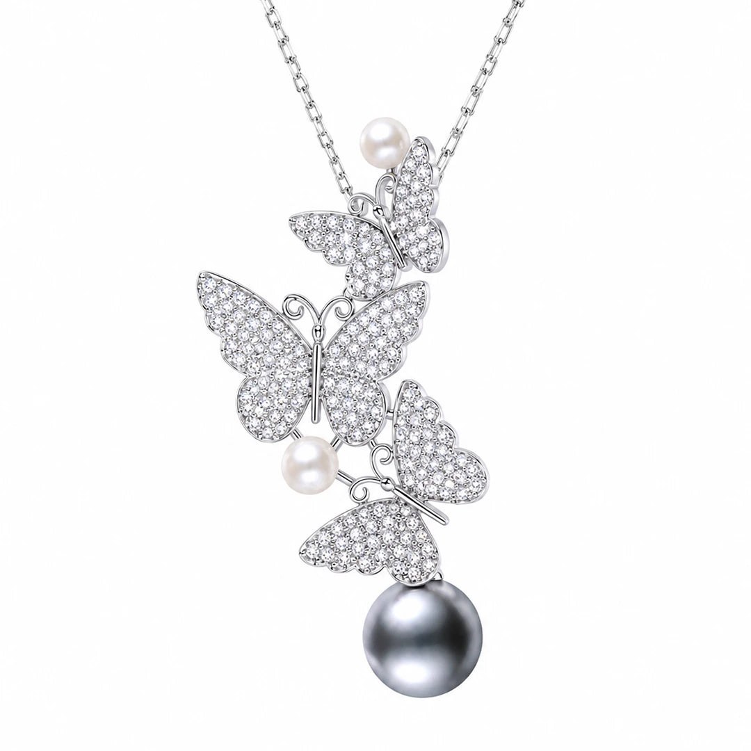 Zard Jewelry Triple Butterfly CZ and Pearl Charm Necklace