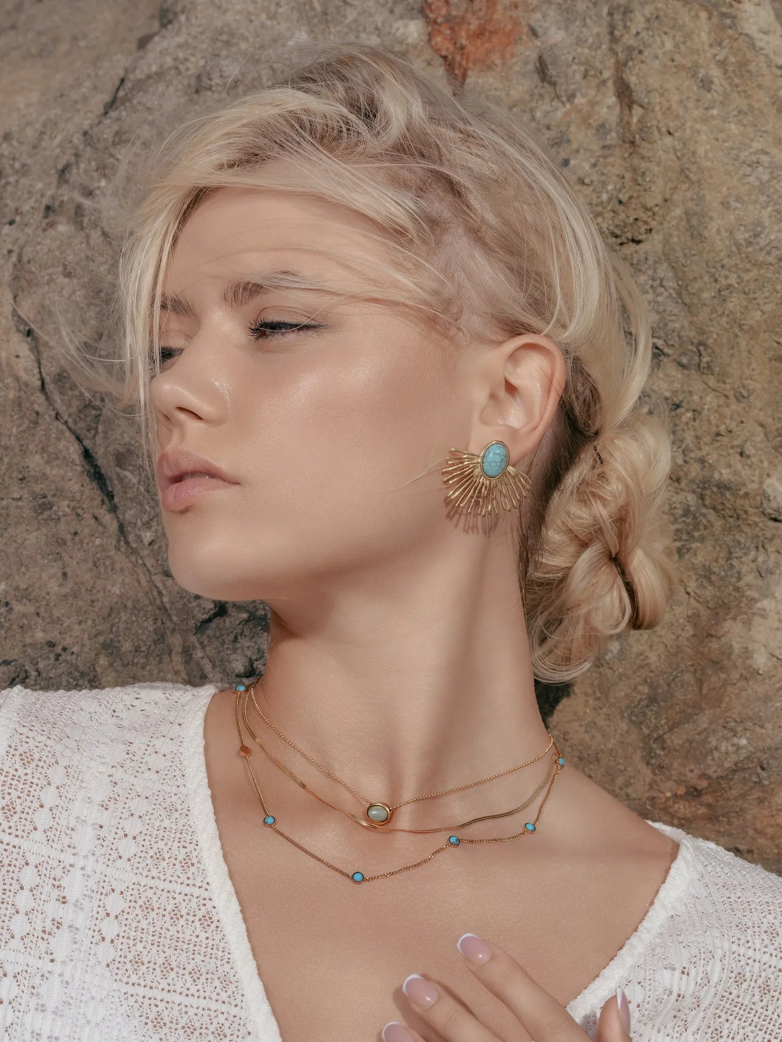 Model wearing Turquoise Station Necklace around her neck