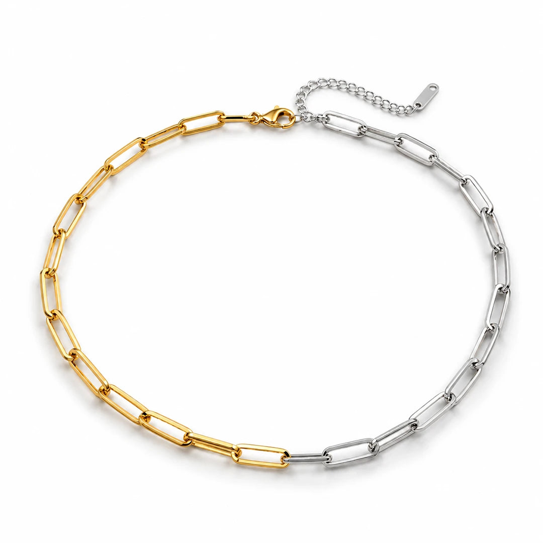 Zard Jewelry Two Tone Gold & Silver Paperclip Link Chain Necklace